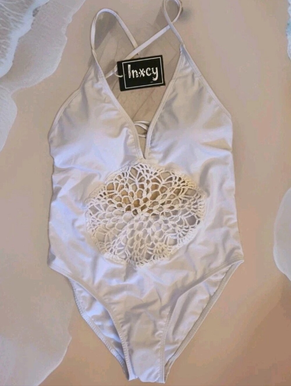 In*x*cy One Piece Bohemian Swimsuit Crochet Cutout White Cross Ties MEDIUM NWTBo - Picture 2 of 4
